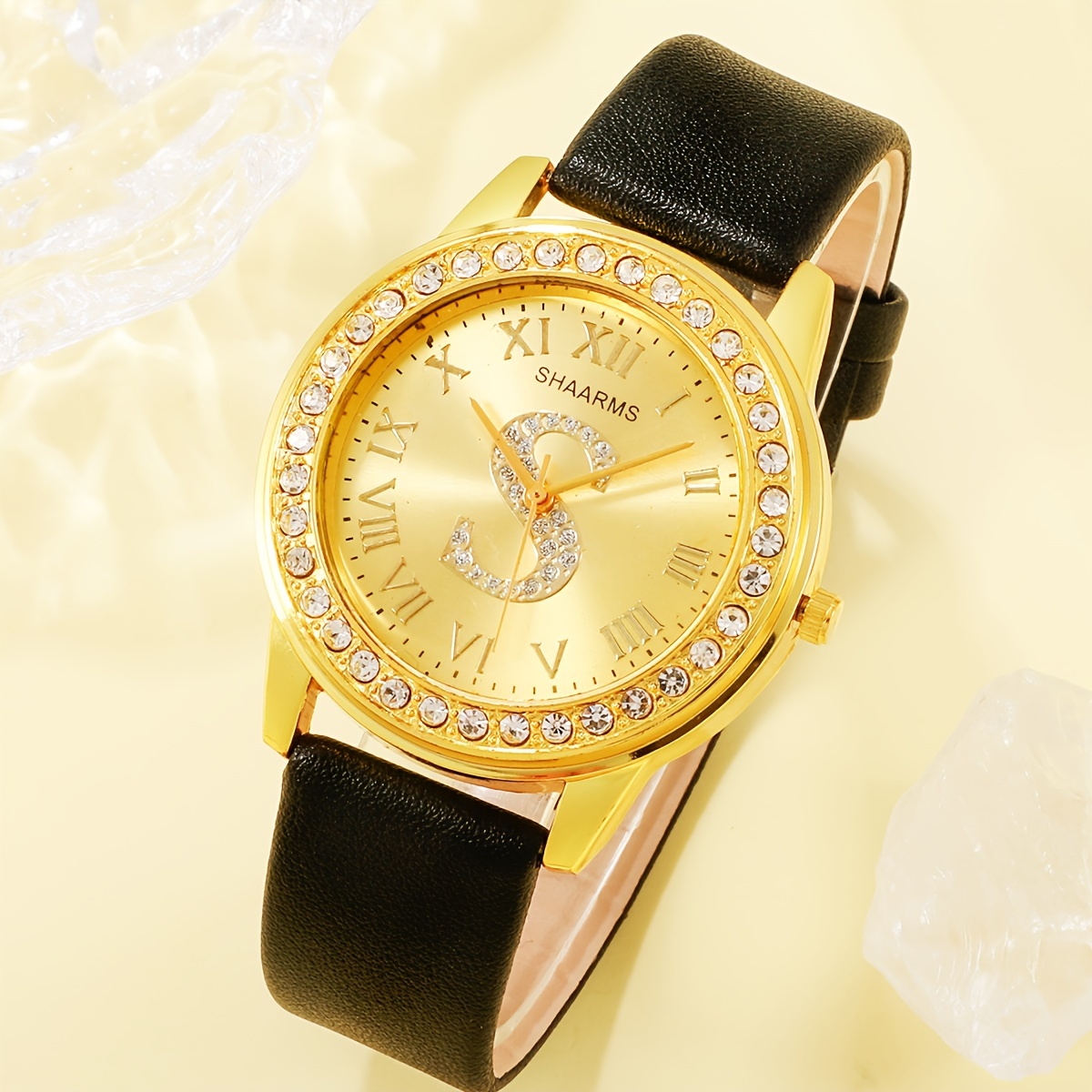 腕時計 レディース セット ラインストーン象嵌クォーツ腕時計1個、ティアドロップ型ジュエリーセットネックレスリングピアス3個付き。