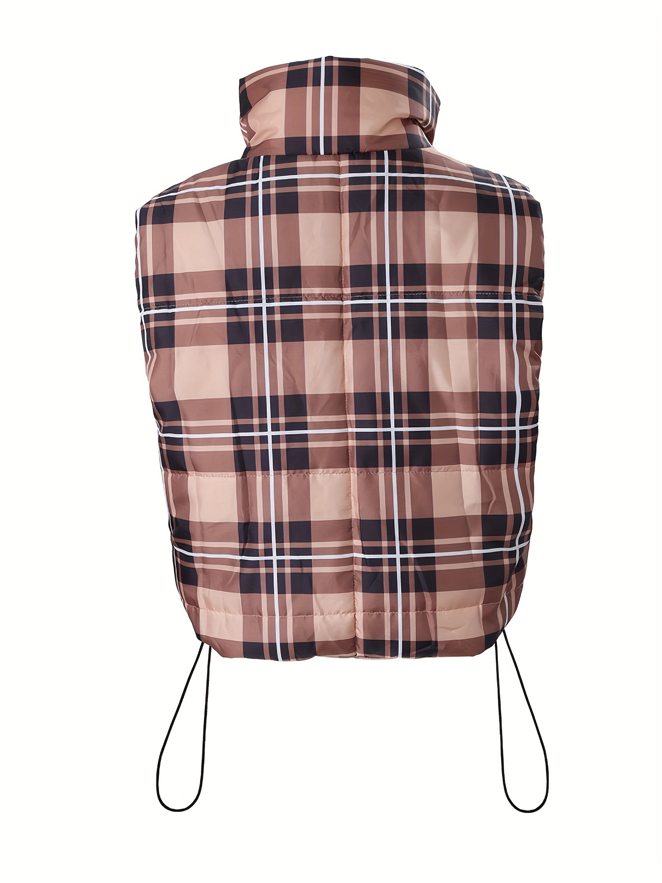 Plaid Print Drawstring Vest Coat, Casual Zip Up Sleeveless Outerwear,  Women's Clothing