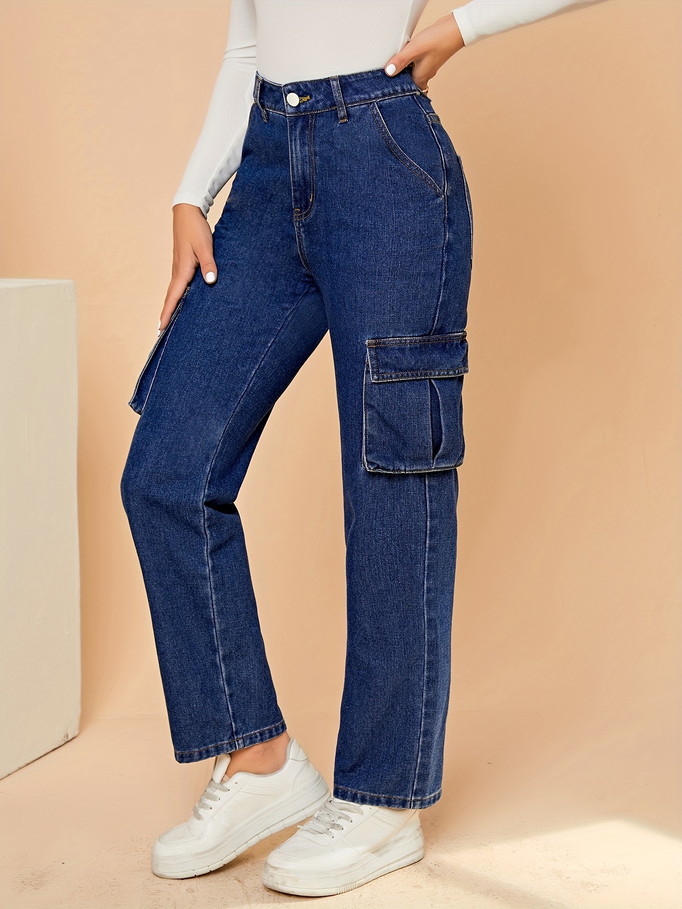 Flap Pockets Cargo Pants Loose Fit Non Stretch Straight Jeans