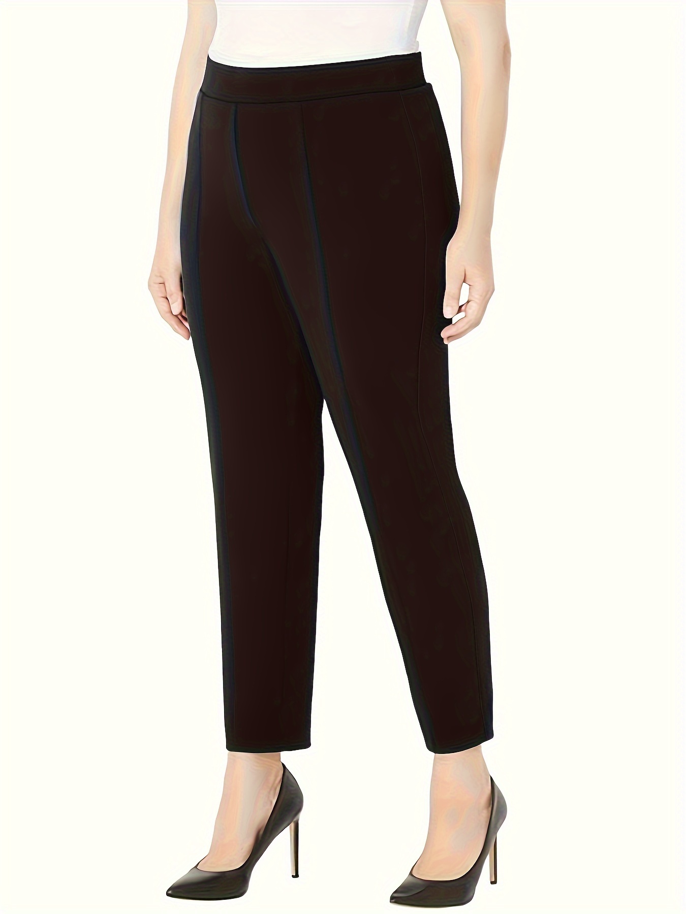Plus Size Business Casual Pants, Women's Plus Solid Elastic High * Medium  Stretch Tapered Leg Trousers