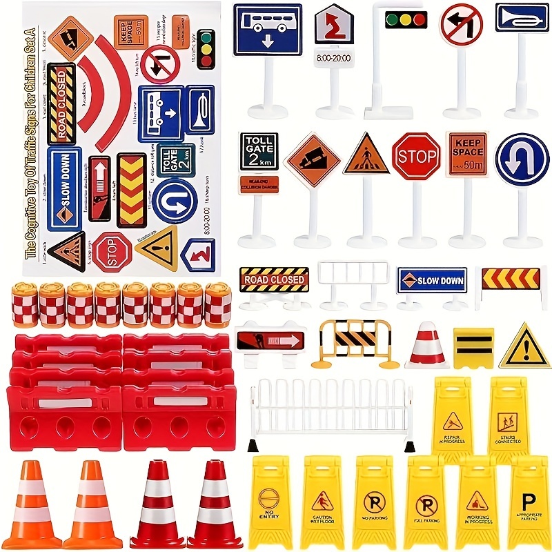 

69pcs Simulation Traffic Sign Street Sign Small Road Barrier Toy, Children's Safety Educational Toys