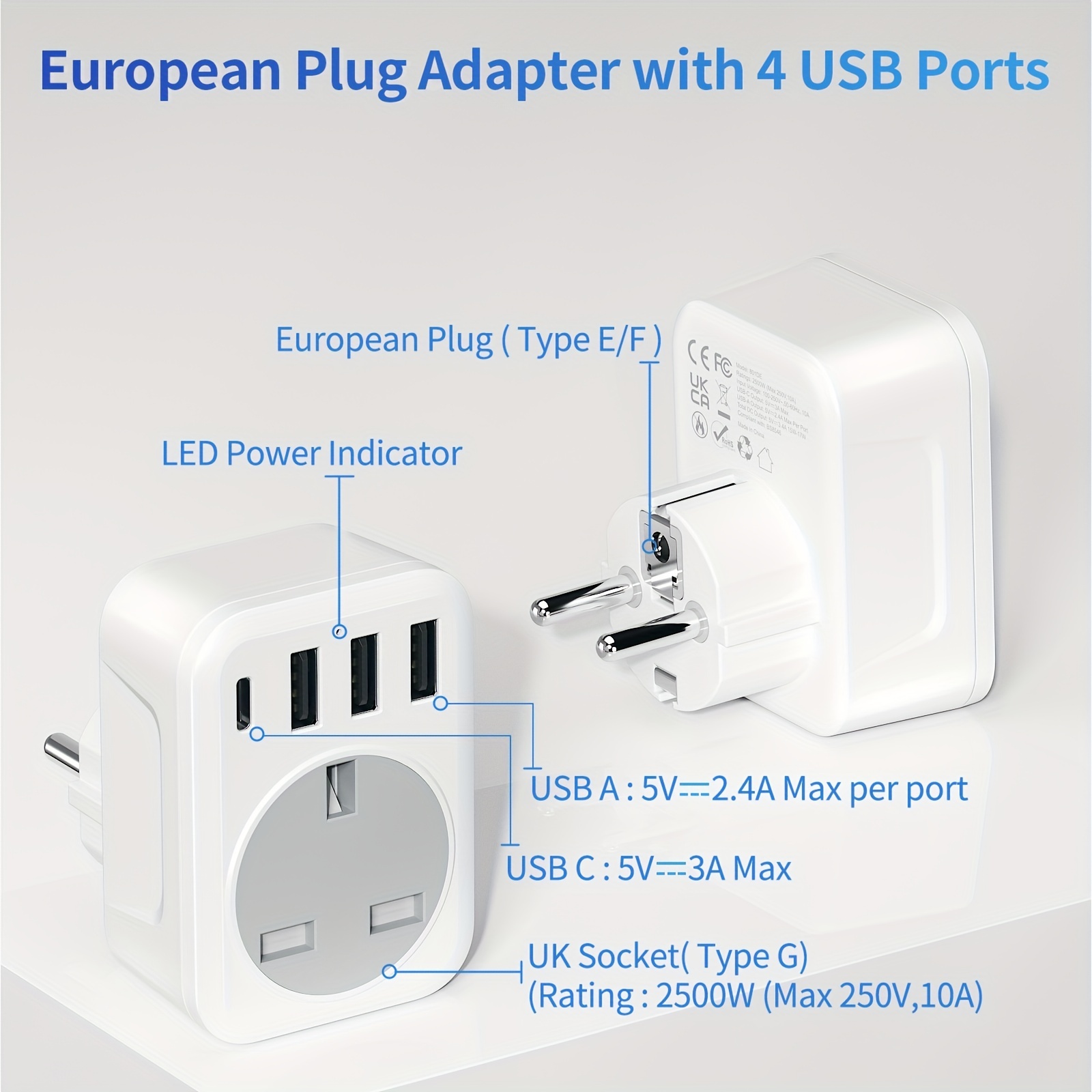 6 en 1 Adaptateur Prise européenne vers UK avec 3 USB + 1 Type C +