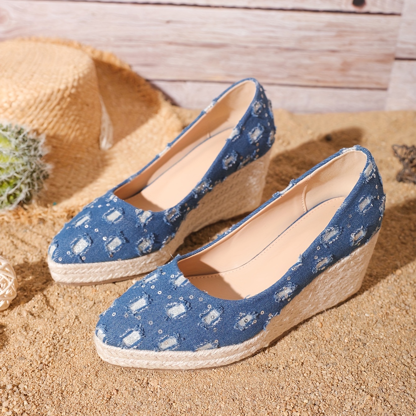 Women's Denim Wedge Heels Pointed Toe Espadrille Shoes