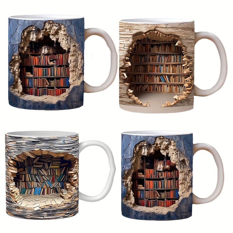 Unique Bookshelf Break Through Coffee Mug, 3D Ceramic Coffee Cups