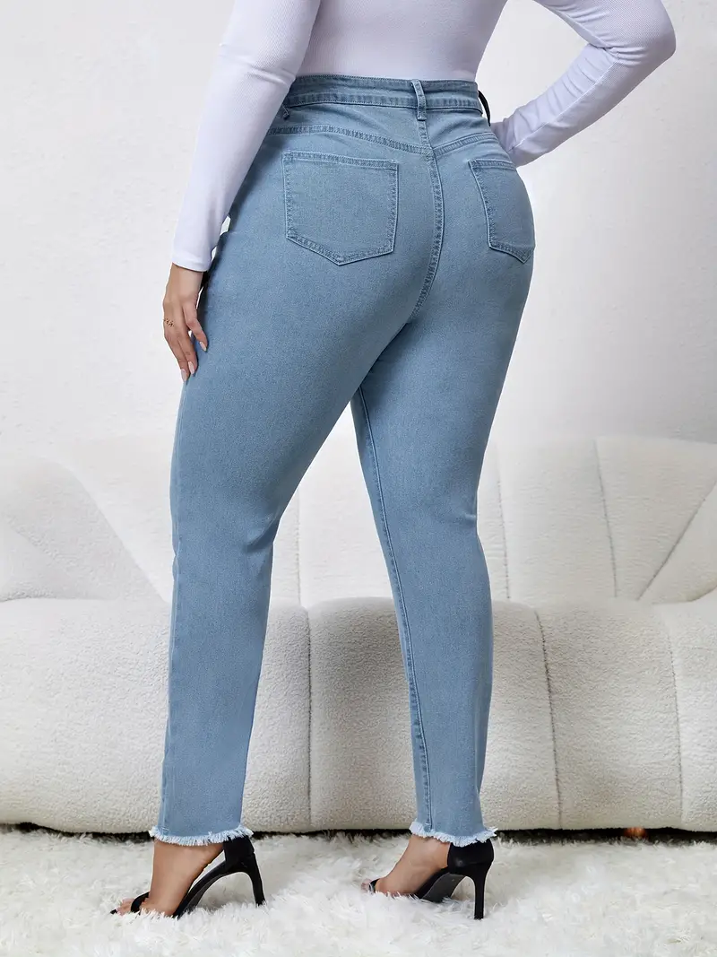 plus size basic jeans womens plus solid raw trim button fly high rise high stretch skinny jeans details 5