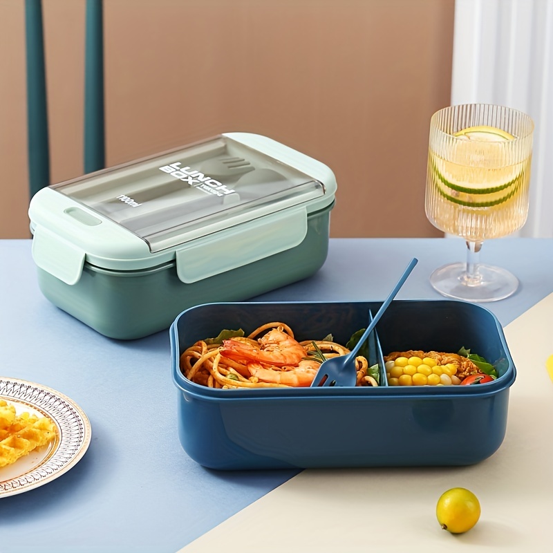 Rectangular Compartmented Lunch Box w/ Chopsticks & Spoons Food Container