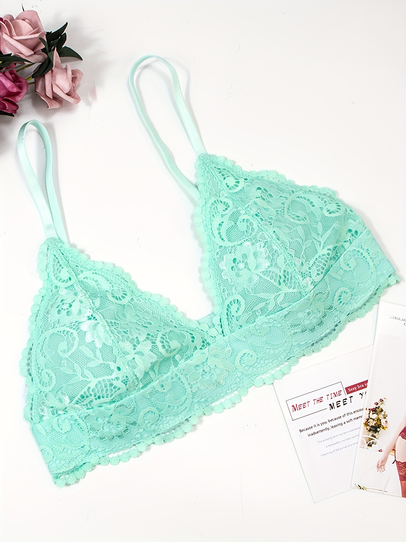 Floral Lace Bra Panties Scallop Trim Plunge Bra Mesh Thong Temu