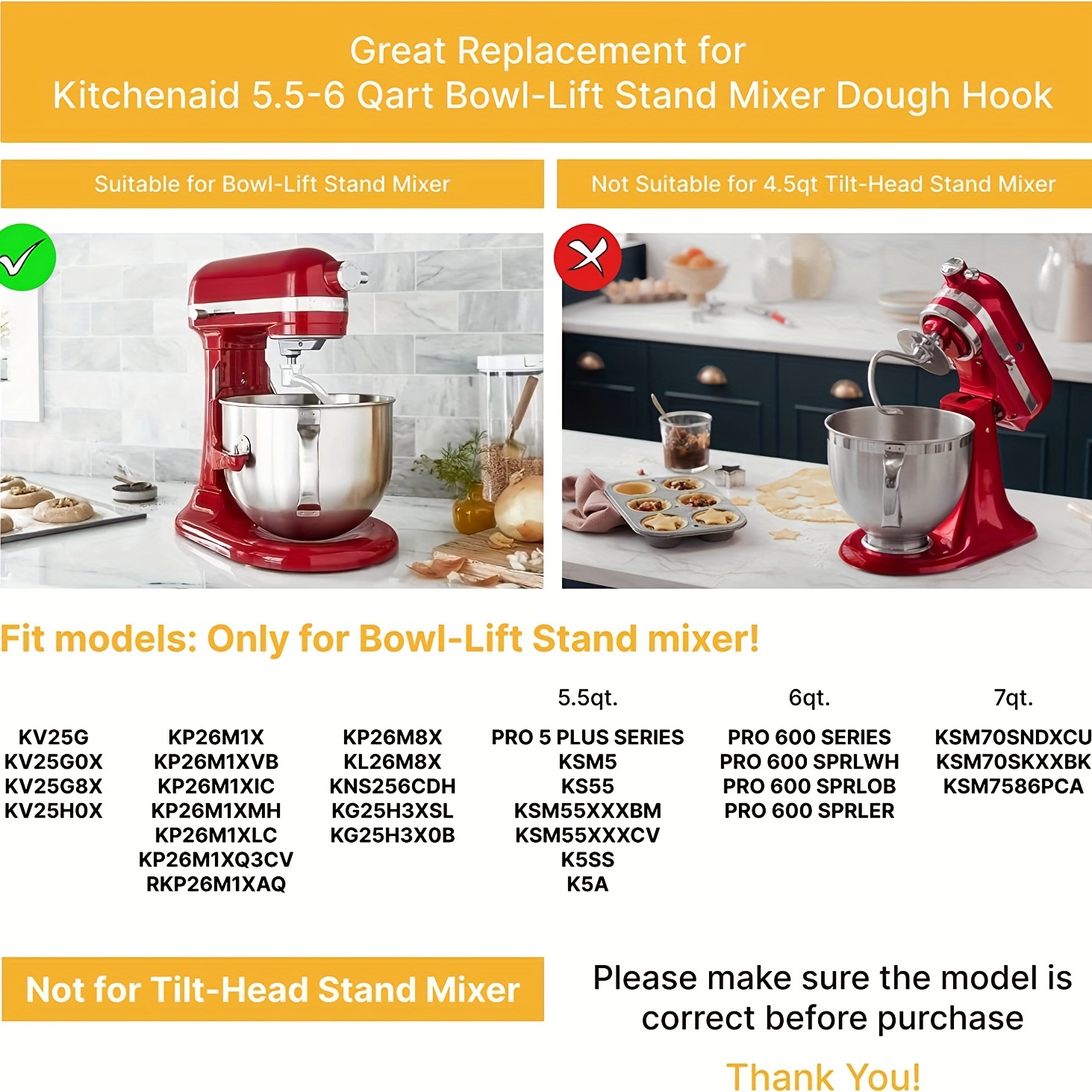 Stand mixer dough hook attachment for 6,9 l stand mixers, KitchenAid 
