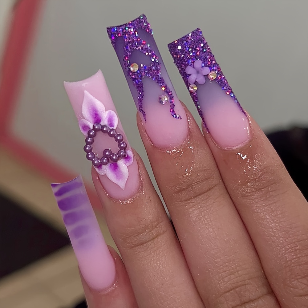 3d Butterfly Press On Nails With Purple Glitter And Blue - Temu