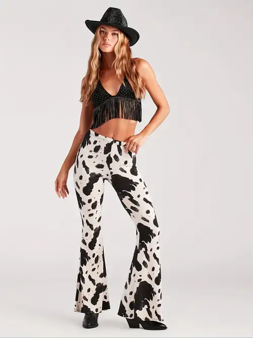 Cow Print Flare Pants - Temu