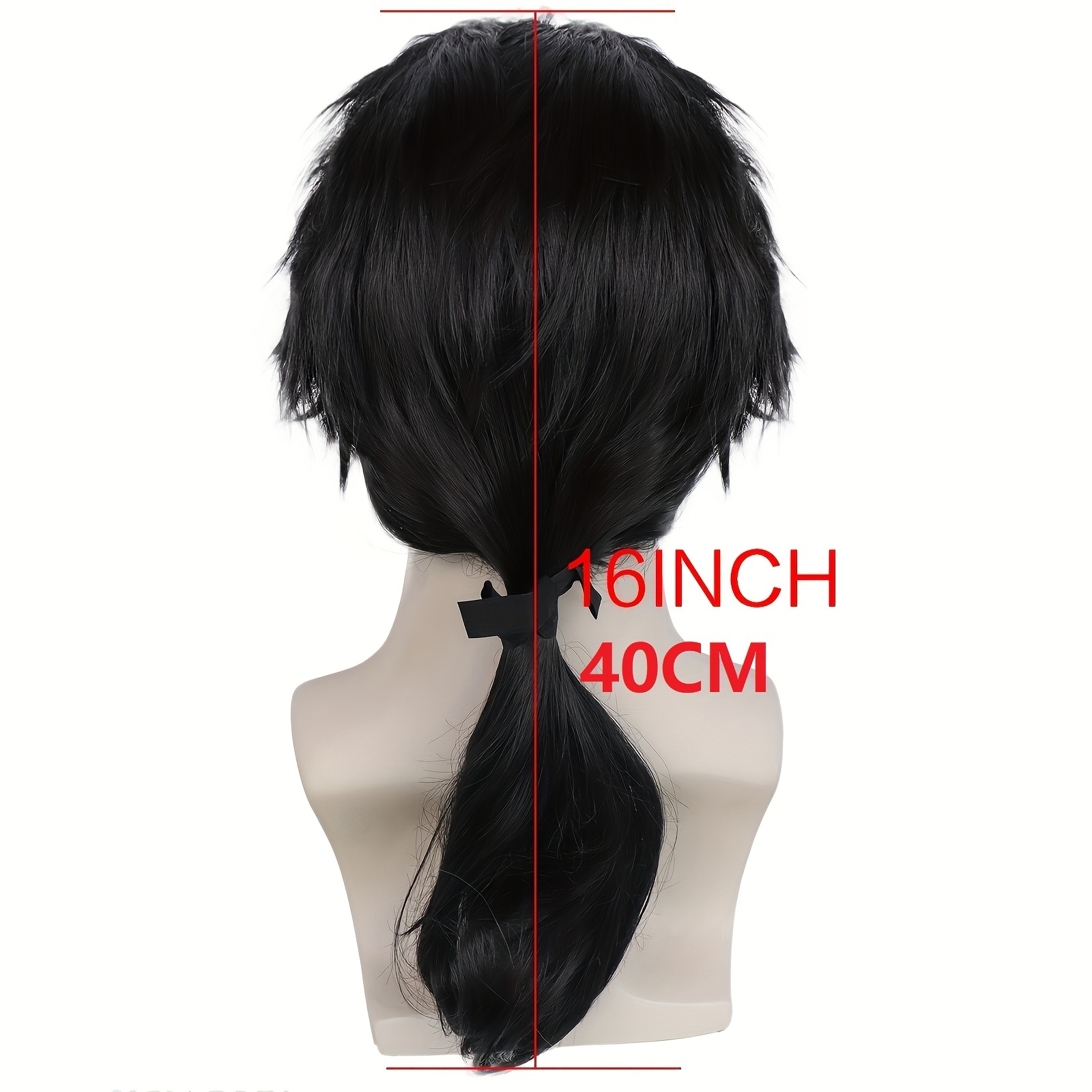 16 Inch Black Cosplay Wigs For Men Synthetic Ponytail Hair Wigs For Costume Halloween Party Cosplay Wear