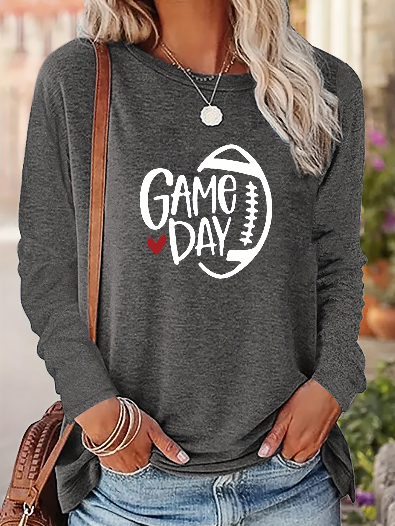 Football Game Day Print T shirt Casual Crew Neck Long Sleeve - Temu