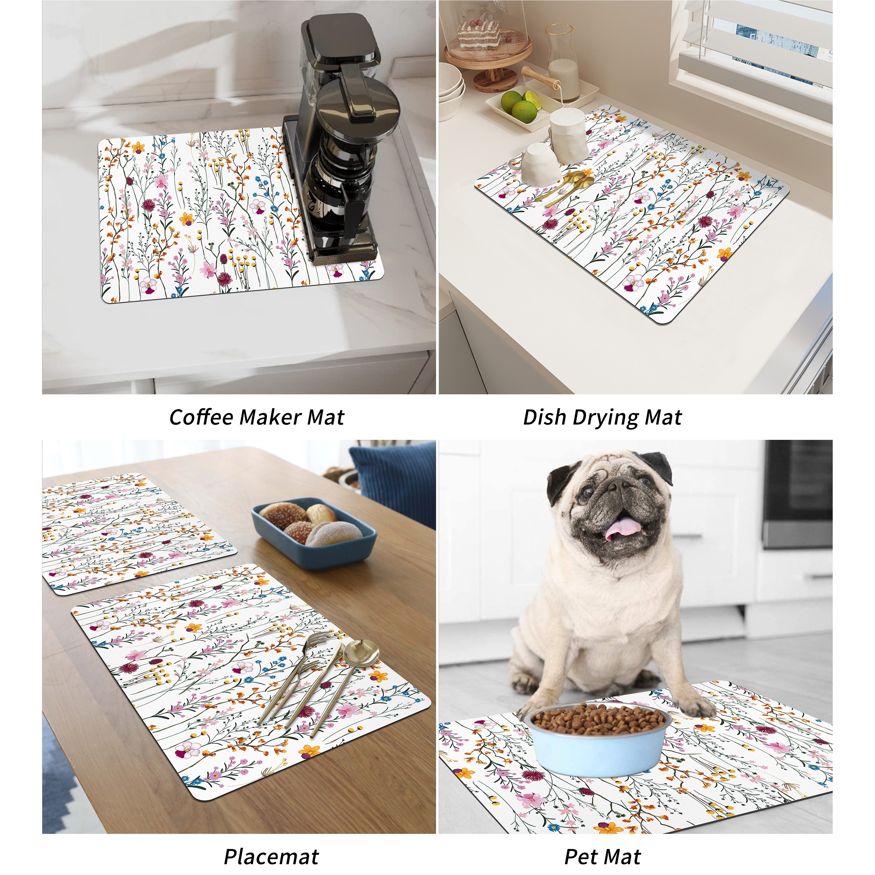 Dish Drying Mat, Multi-color Flower And Grass Printed Mat Or Kitchen Use,  With Drainage Function, Suitable For Drying Dishes And Placing Next To  Coffee Machines, Durable And Anti- Dirt, Kitchen Supplies 