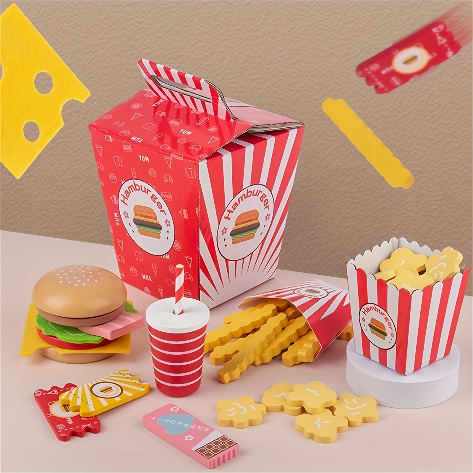 

Wooden Burger, Fries, Fast Food Toy Set, Meal For Pretend Play With Burger, Fries, Drink, Cooking Simulation Educational Toy And Color Perception Toy