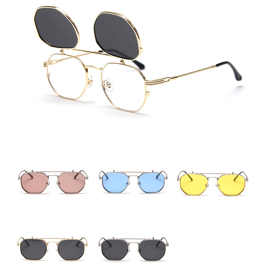 1pair Polarized Polygon Flip Up Sunglasses Vintage Punk Style For