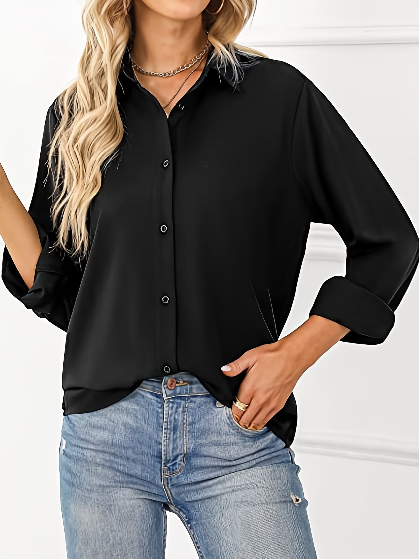 Women's See Through Blouse Lapel Long Sleeve Button-Down Loose
