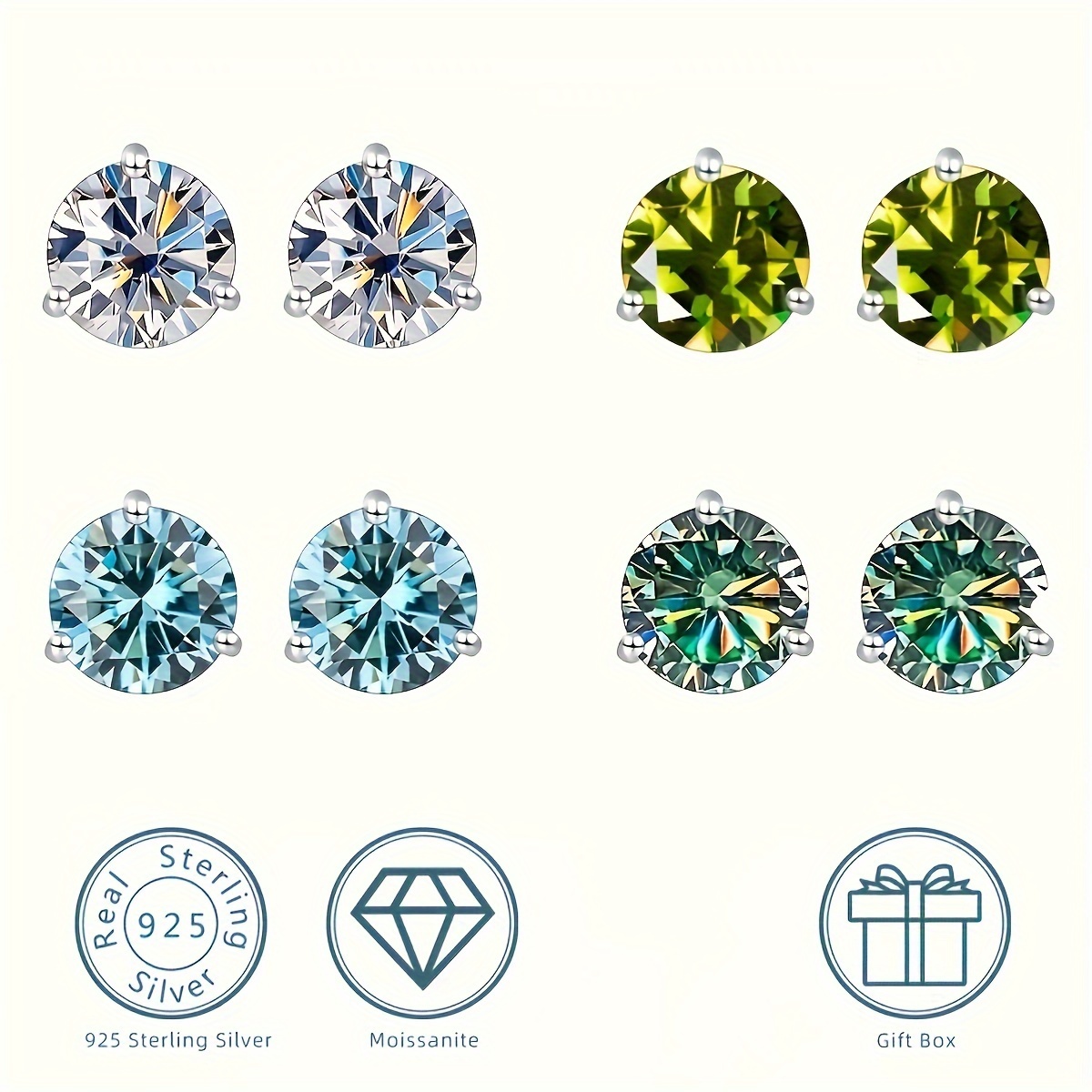 

3-claw Shiny Moissanite Design Stud Earrings Sterling 925 Silver Jewelry Cute Minimalist Style Daily Wear Accessories