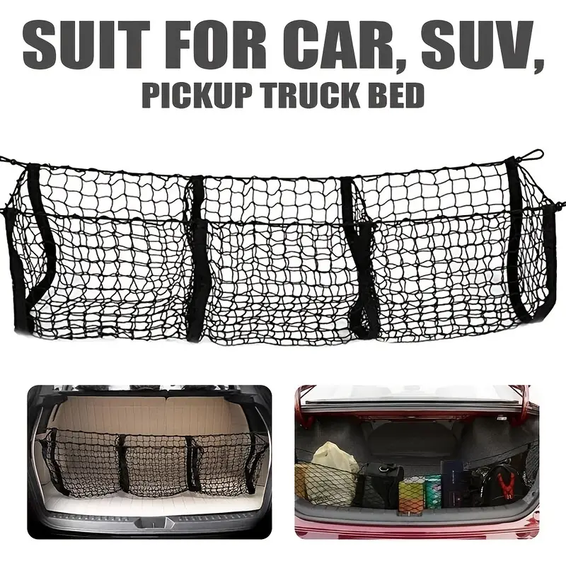 Auto-Kofferraum-Netztasche, 3 Taschen Gepäcknetz Tasche  LKW-Bett-Aufbewahrungsnetz Universal-Autozubehör für Pickup-SUV-Trucks