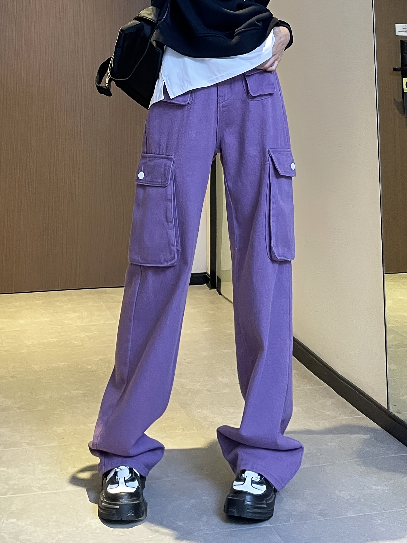 High Rise Purple Flap Pockets Stacked Cargo Pants Straight - Temu