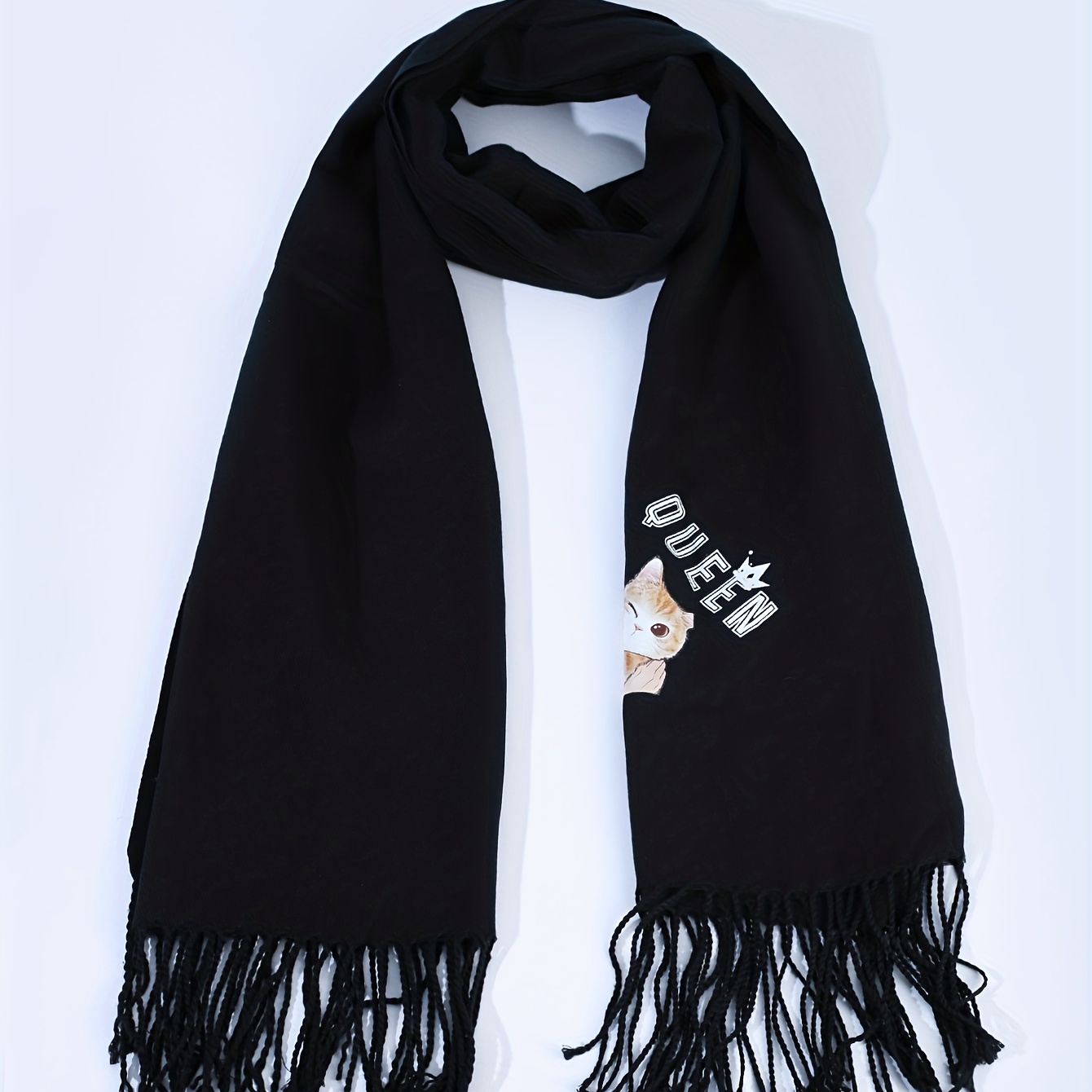 Cartoon Cat Decor Fringe Trim Scarf Casual Shawl Wrap Head Wrap