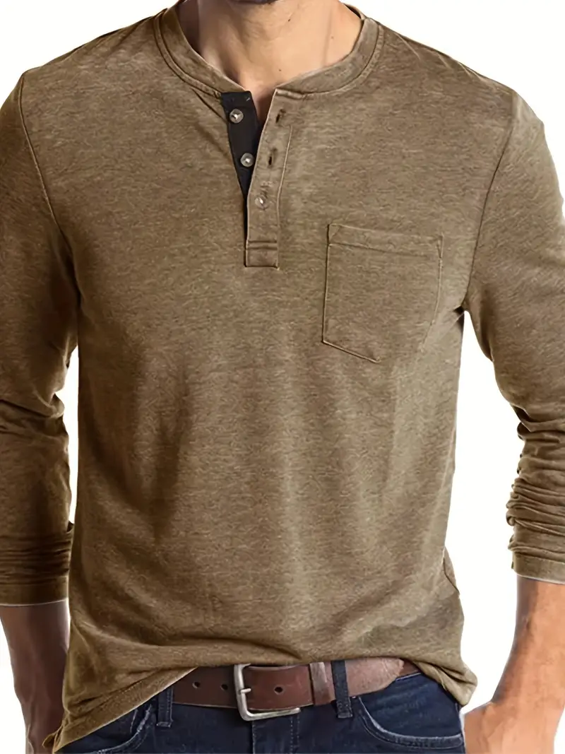 plus size mens classic solid henley shirt trendy oversized slim fit long sleeve henley shirt tops for big tall males mens clothing plus size khaki 0