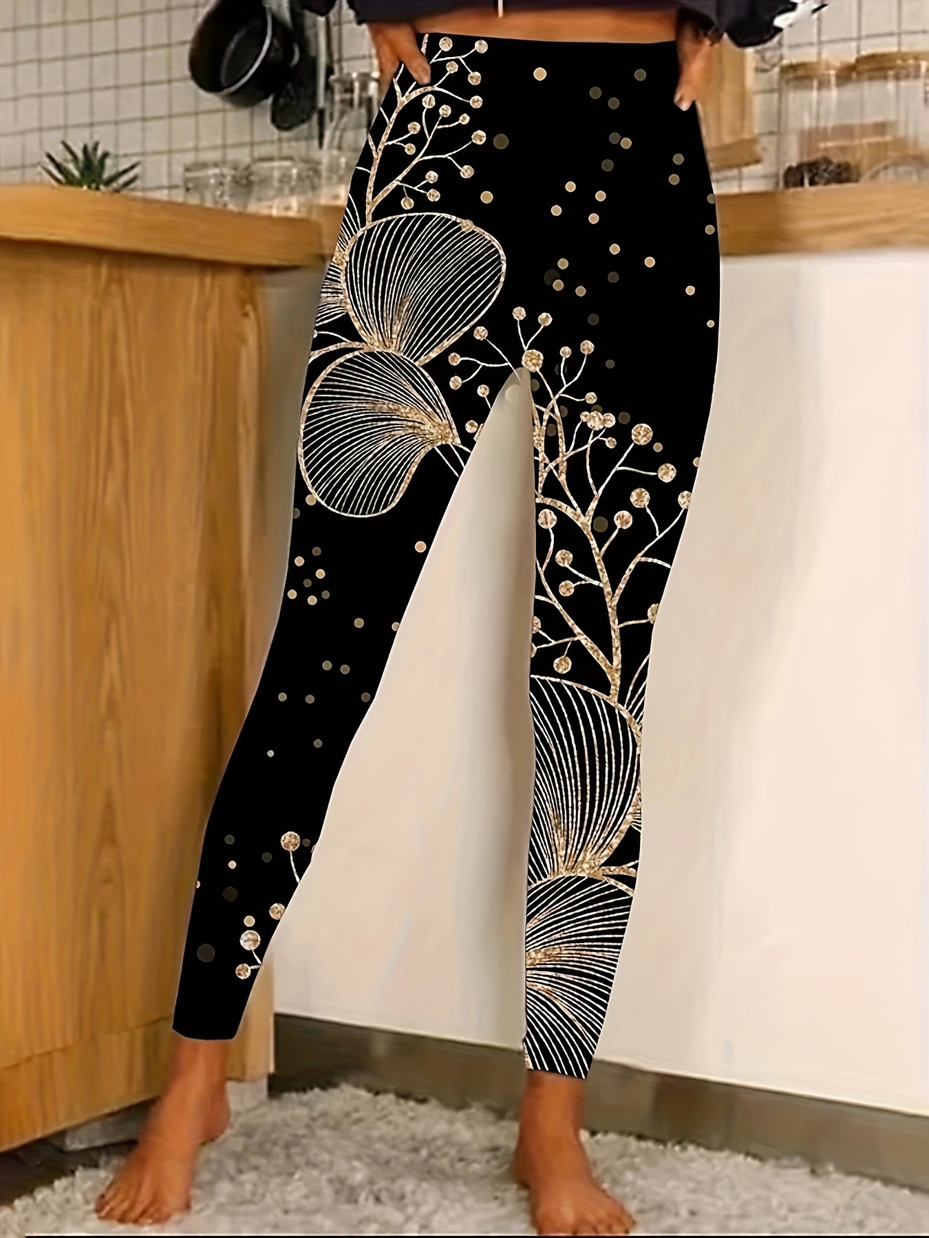 Plus Size Casual Leggings Leggings Estampado Floral Dorado - Temu