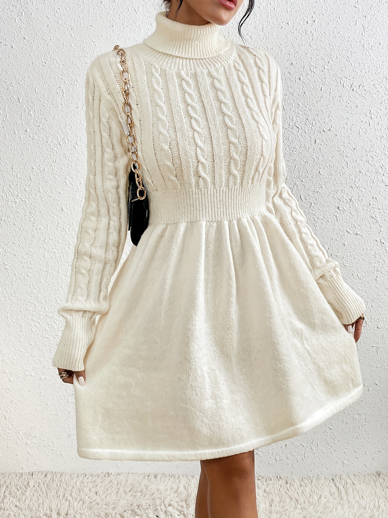 cable knit sweater dress elegant turtleneck long sleeve dress womens clothing details 2