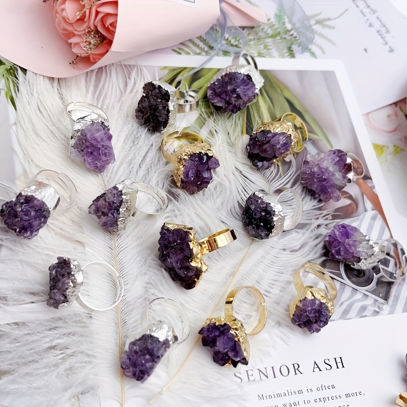 Irregular Raw Amethyst Cluster Ring for Men, Adjustable