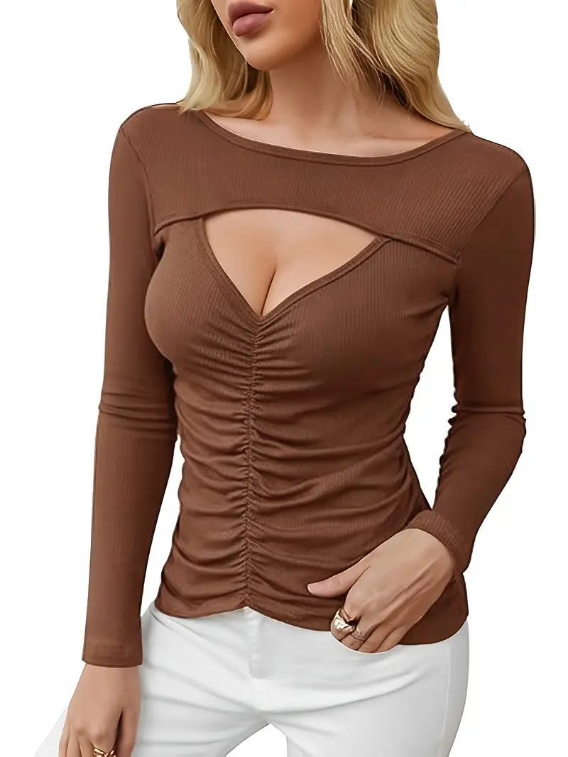 Keyhole Boat Neck Ruched T-Shirt, Casual Cut Out Long Sleeve Slim Top For  Spring & Fall, Women's Clothing