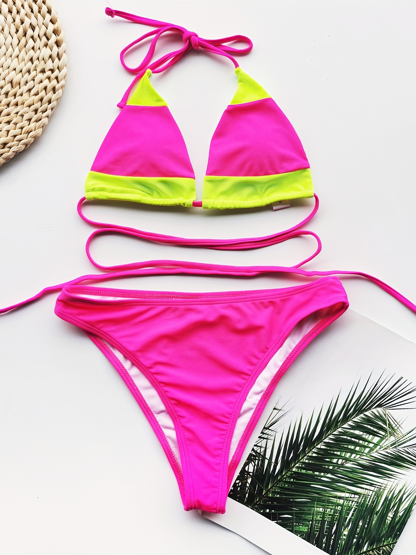 Magenta Neon Green Color Block Criss Cross 2 Piece Set Bikini, Tie Back  Triangle Stretchy Swimsuits, Women's Swimwear & Clothing