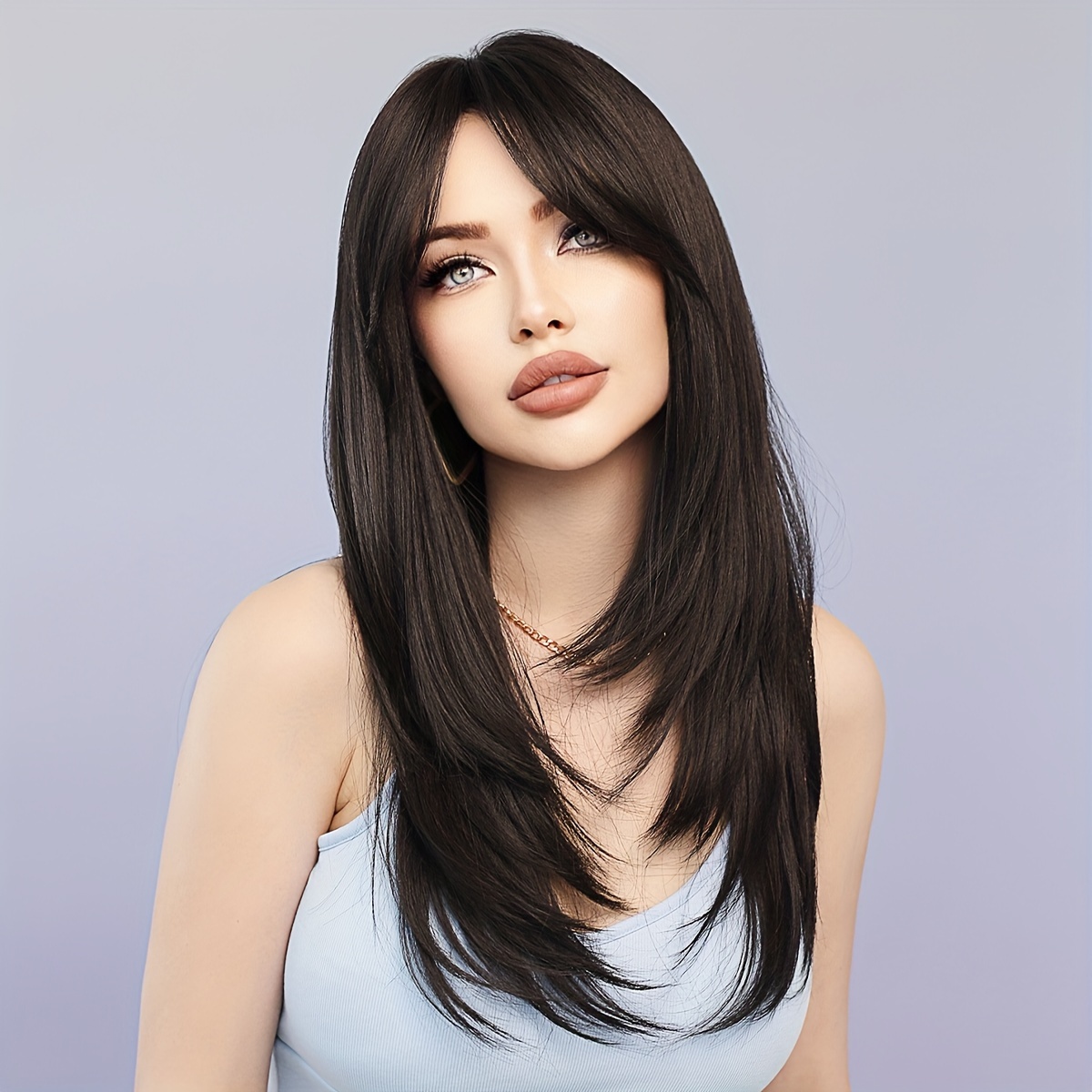 Long Black Layered Wigs for Women Long Straight Wig with Bangs