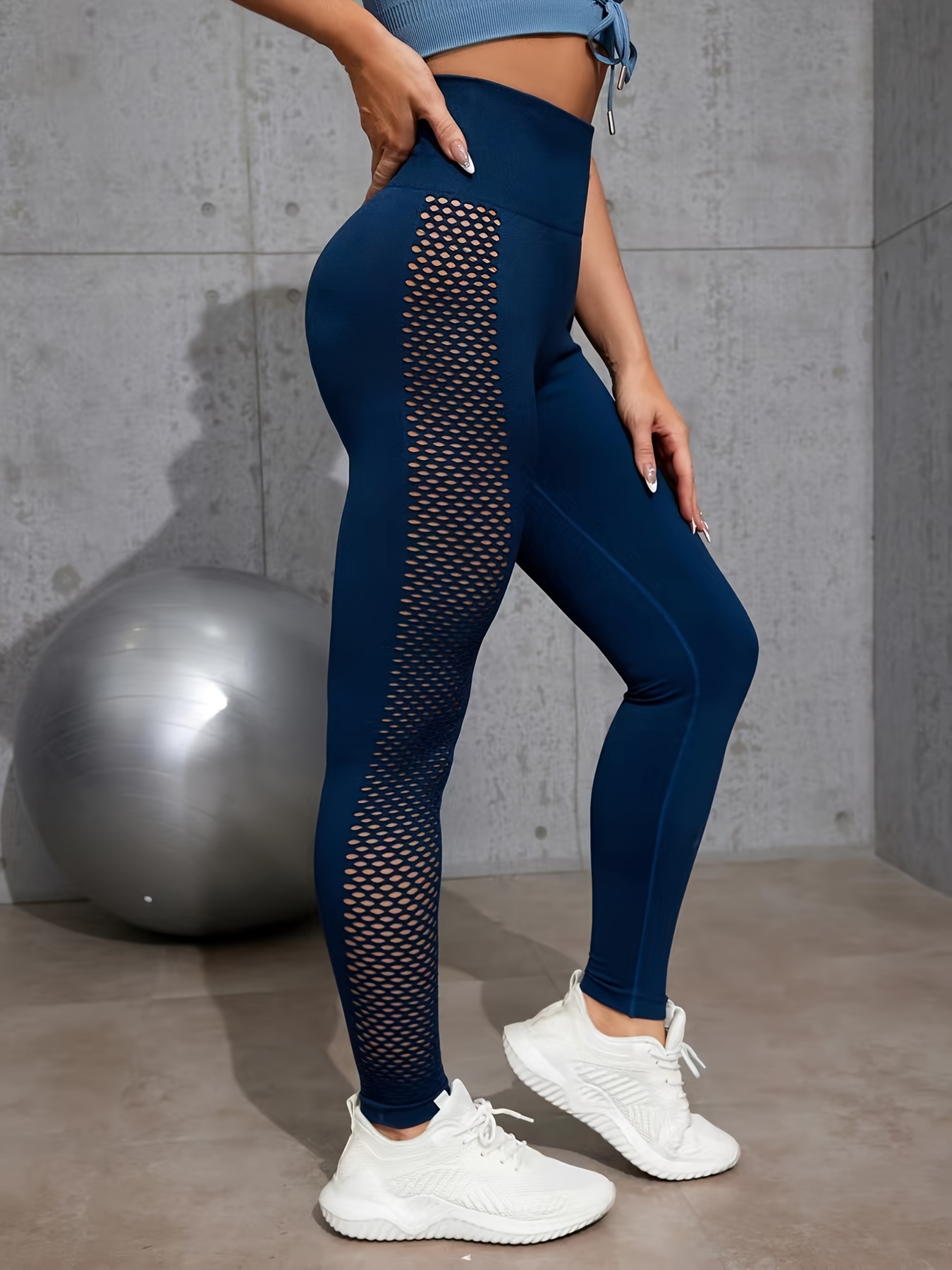 Sexy Mesh Splicing Leggings Slim Leg Hip Push Yoga Pants Fashion Women  Running Fitness Tights (Color : Navy, Size : M)