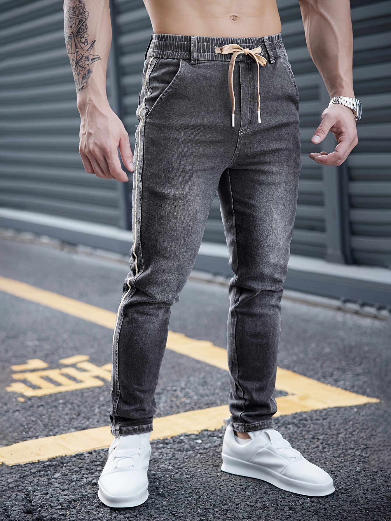 mens casual waist drawstring skinny jeans classic design stretch jeans