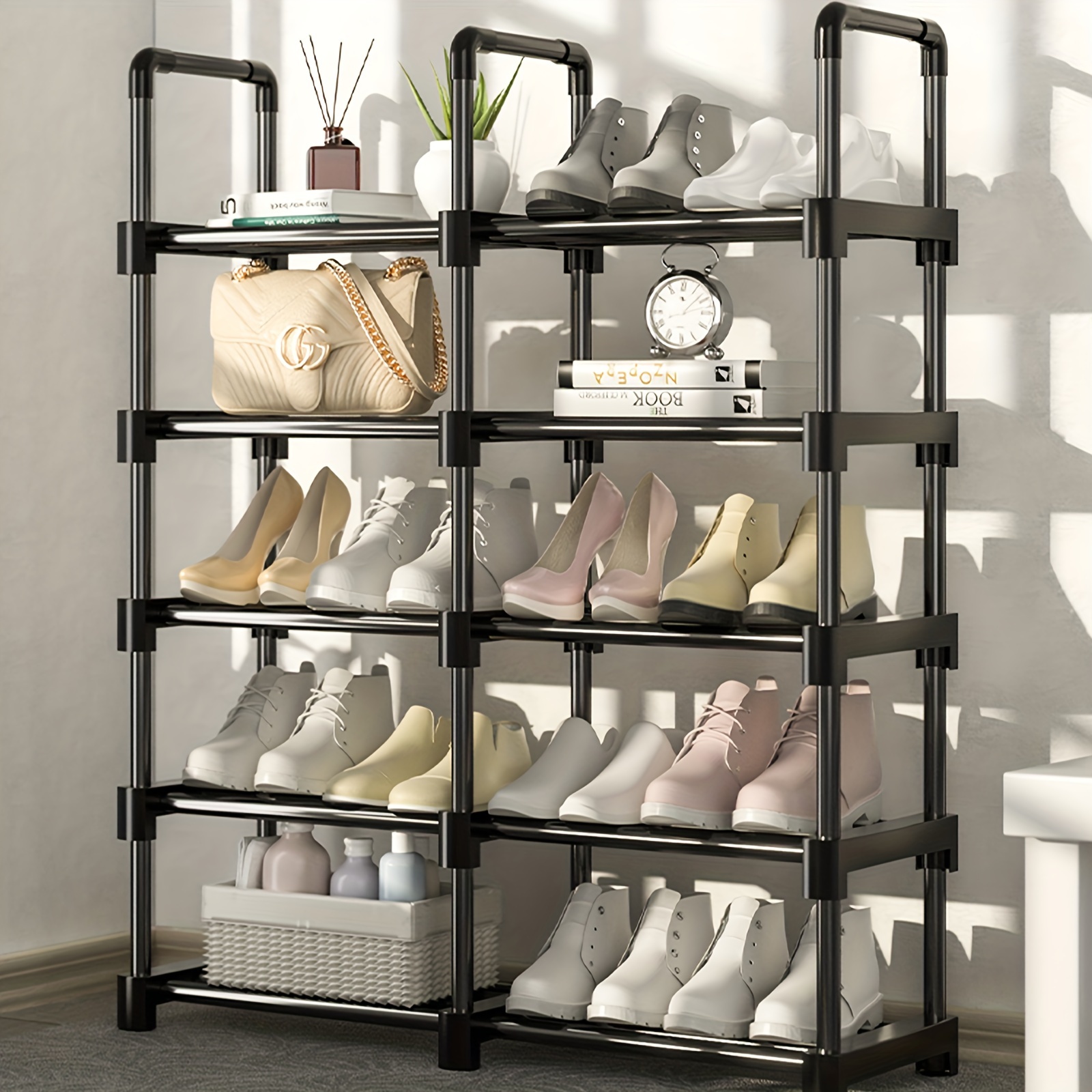 Comprar Zapatero Organizador de zapatos de 4 niveles/6 niveles con 4  estantes/6 estantes Almacenamiento de zapatos de metal apilable para sala  de estar Pasillo Entrada Negro