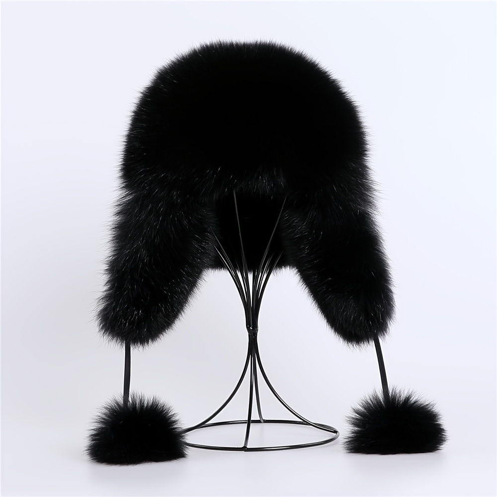 FNFUR Womens Black Fox Fur Trapper Hat with Pom Poms Cossack hat,Ushanka  hat,Avaitor hat,Pilot hat,Bomber hat