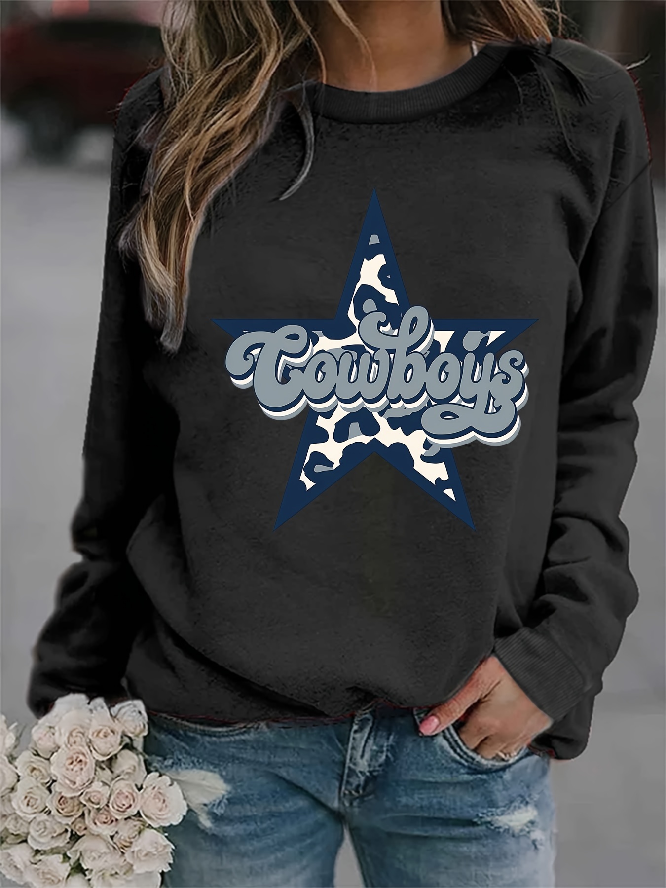 Cowboy & Pentagram Print Sweatshirt, Casual Long Sleeve Crew Neck