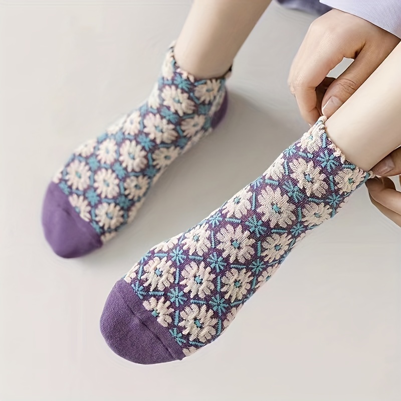 4 pares de calcetines cortos con textura floral vintage, calcetines  tobilleros de corte bajo estilo corte y étnico, medias y calcetería de mujer  - Temu