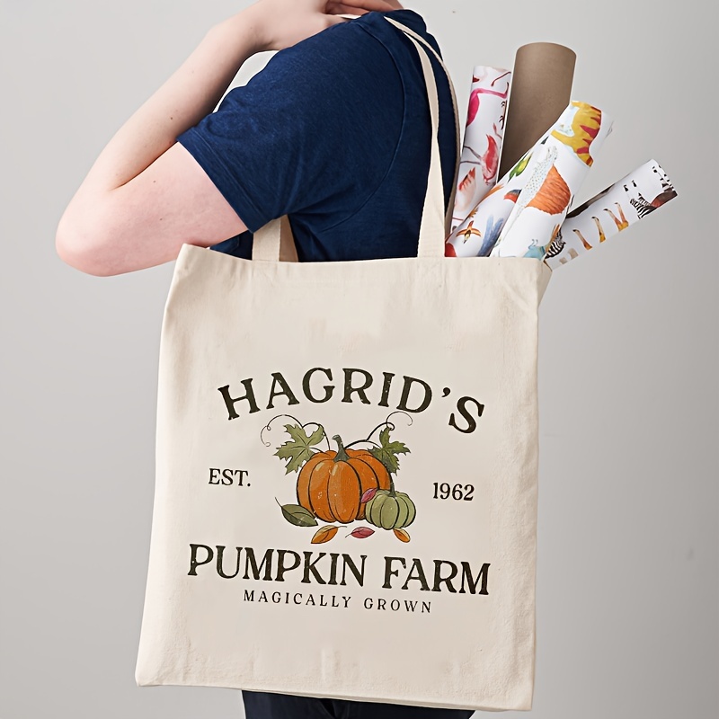 

1pc Pumpkin Farm Pattern Canvas Tote Bag, Aesthetic Cute Pumpkin Shopping Bag, Grocery Reusable Casual Handbag Large Capacity Shoulder Tote Bag