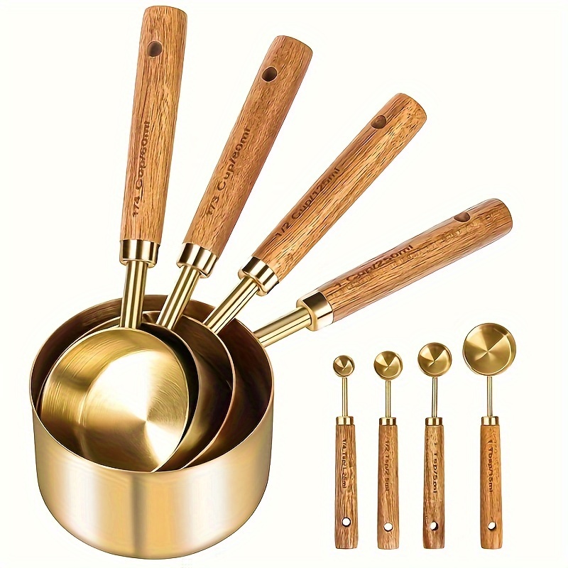 

4/8pcs, Measuring Cups And Spoons, Wood Handle With Metric And Us Measurements, Premium Stainless Steel, Golden Polished Measuring Tool, Dry & Liquid Measuring Cup For Cooking And Baking, Baking Tools