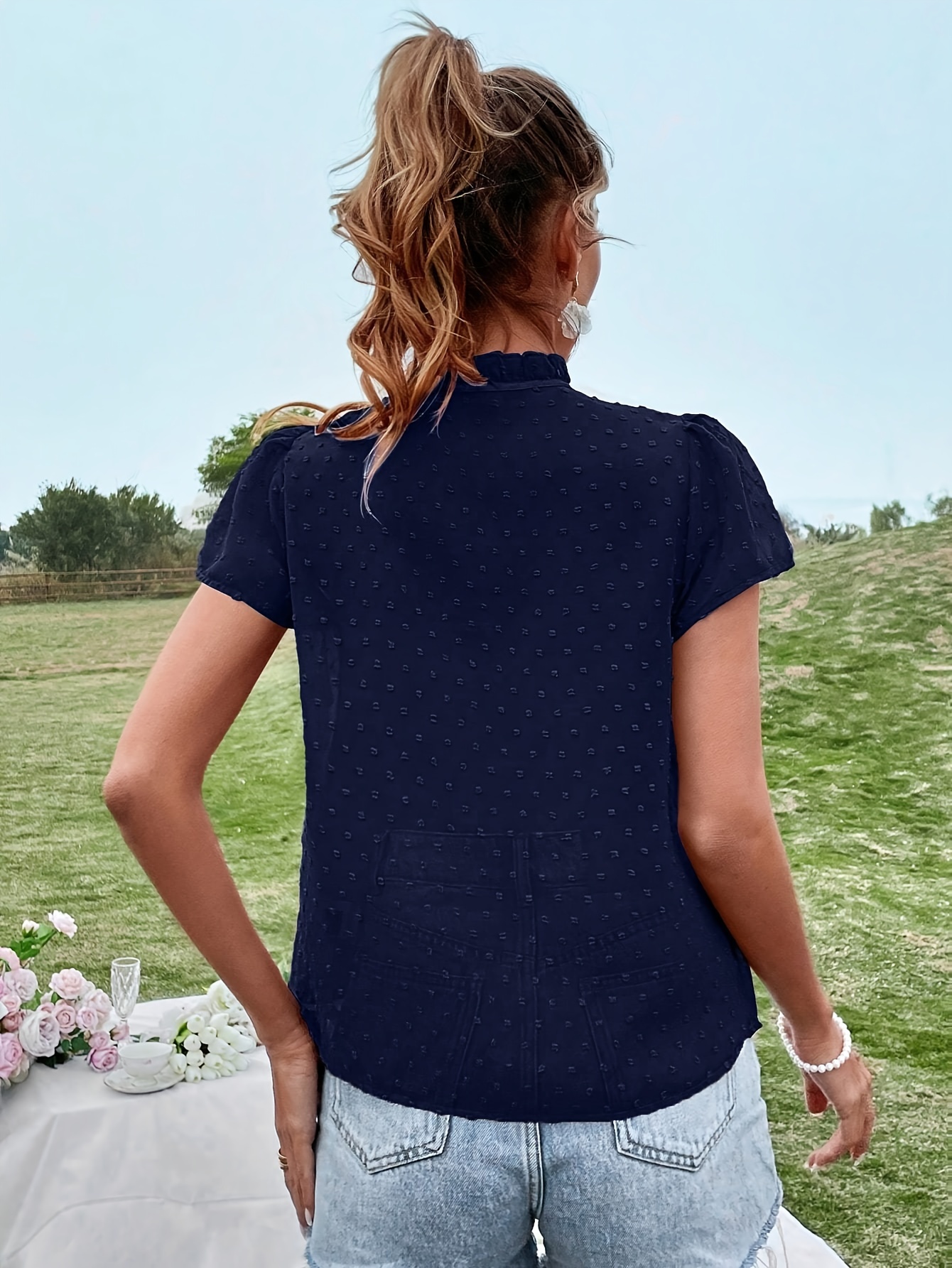 Elegant Deep V-Neck Lace-Up Blouse for Women - Chic Solid Color Shirting Style with Eyelet Detail, Versatile for All Seasons