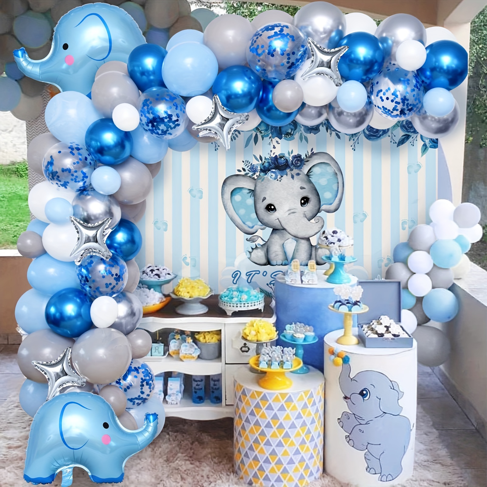 Decoraciones de elefante para baby shower para niño, cajas de bebé con  letras, kit de guirnalda de globos de látex azul y blanco de 152 piezas