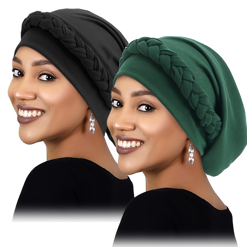 Image of 2pcs Set Of Western Solid-colored Elastic Ethnic Style Beanie And Braided Cap, Chemotherapy Hat And Postpartum Cap