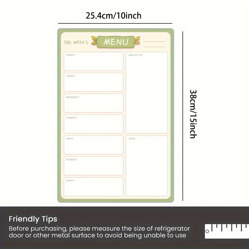 1pc Magnetic Menu Board For Kitchen- 10x15 - Dry Erase Weekly Meal Planner  And Grocery List Magnet Pad For Fridge