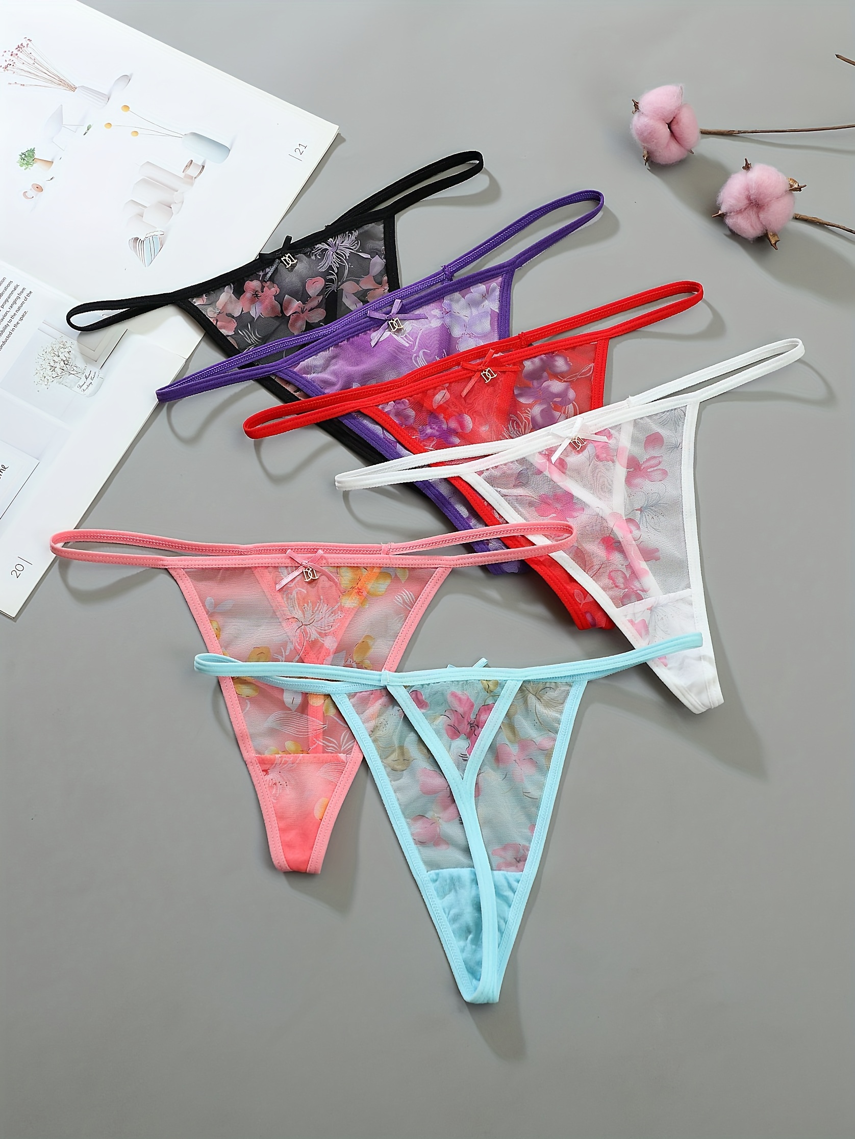 Floral Lace Transparent Panties Breathable Mesh Bow Thong - Temu