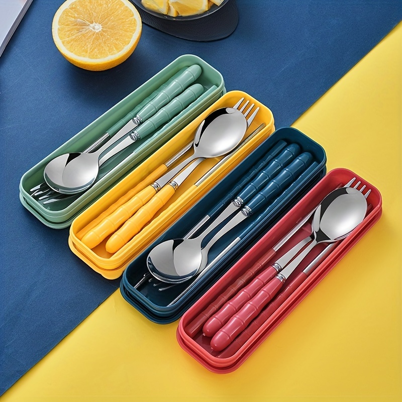 Portable Utensils Set with Case, 4pcs Stainless Steel Reusable Silverware  for Lunch Camping School Picnic Workplace Travel, Lunch Box Includ Fork