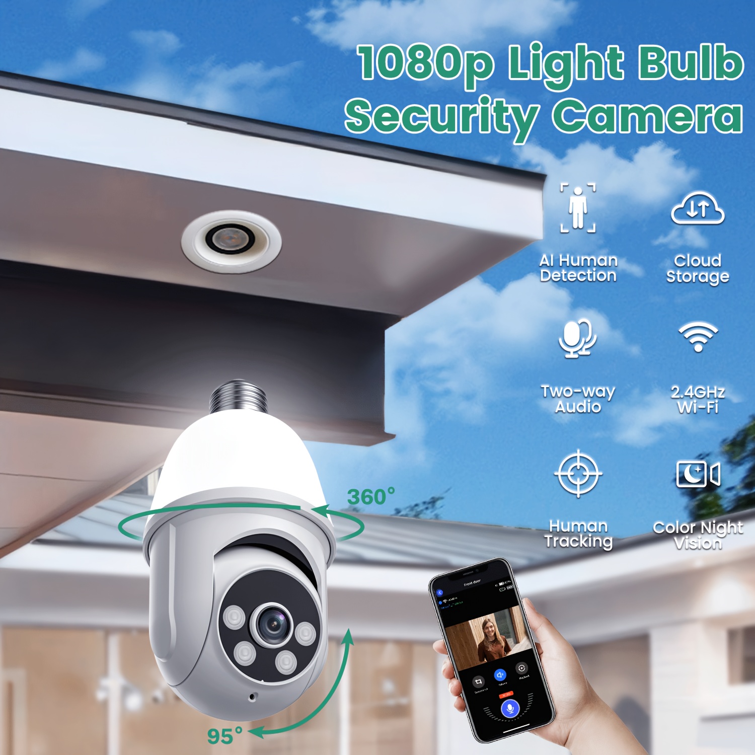 Ampoule Lampe Caméra 1080P Wifi IP PTZ IR Vision Nocturne Maison
