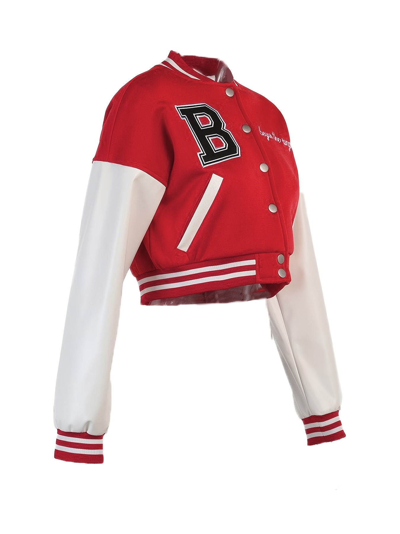 Women Varsity Jacket Cropped Baseball Jacket Bomber Coats Fashion Streetwear - Red, L