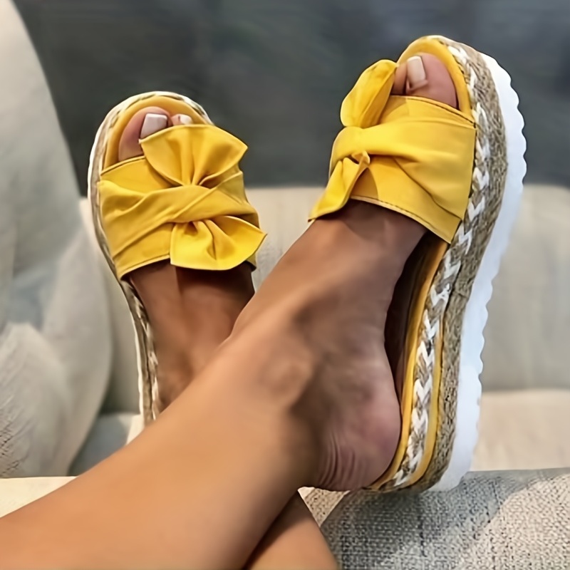 womens platform espadrilles slippers bow open toe solid color anti skid slippers casual beach slides details 1