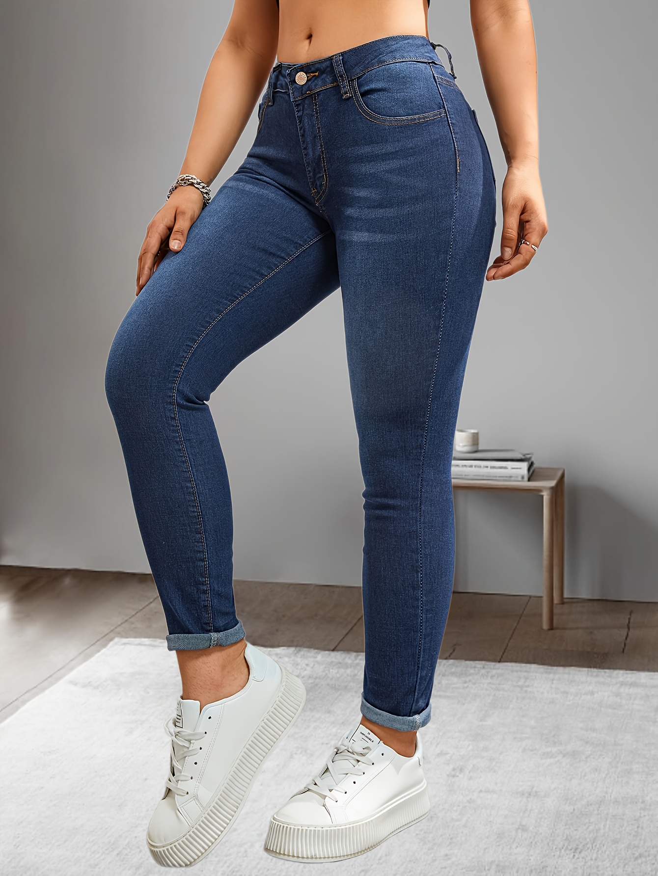 Blue Slant Pockets Skinny Jeans, Slim Fit High Stretch Tight Jeans, Women's  Denim Jeans & Clothing