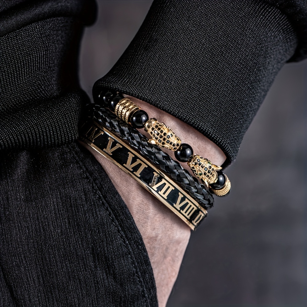 Luxury Black Stainless Steel Men Roman Numeral Fashion 3 Pcs Bracelet  Bangle Set